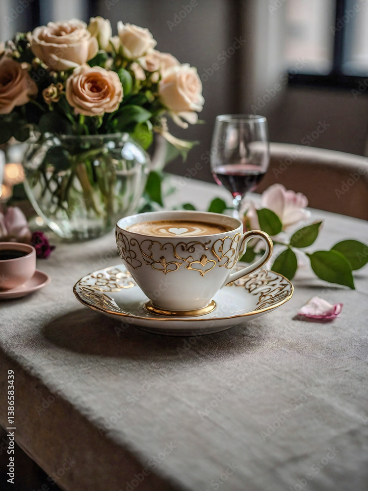 Delicate coffee cup with a heart design and flowers, placed on a stylish table setting for a special occasion. Delicate coffee cup with a heart design and flowers, placed on a stylish table setting for a special occasion.