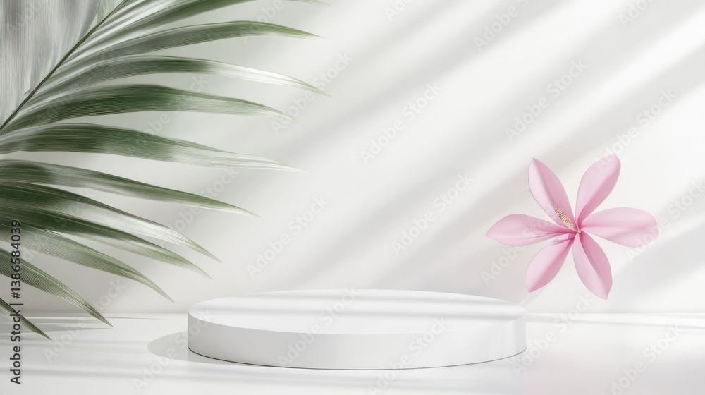 Minimalist product display with tropical leaves and flower, suitable for beauty or cosmetic product presentations Minimalist product display with tropical leaves and flower, suitable for beauty or cosmetic product presentations