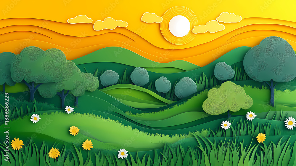 Naklejka premium Papercraft Hillscape: A whimsical papercraft landscape unfolds with layered hills, vibrant green foliage, and a setting sun casting a warm, golden glow.