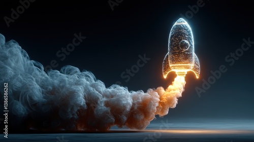 Glowing Rocket Launching into Space with Dramatic Smoke Clouds