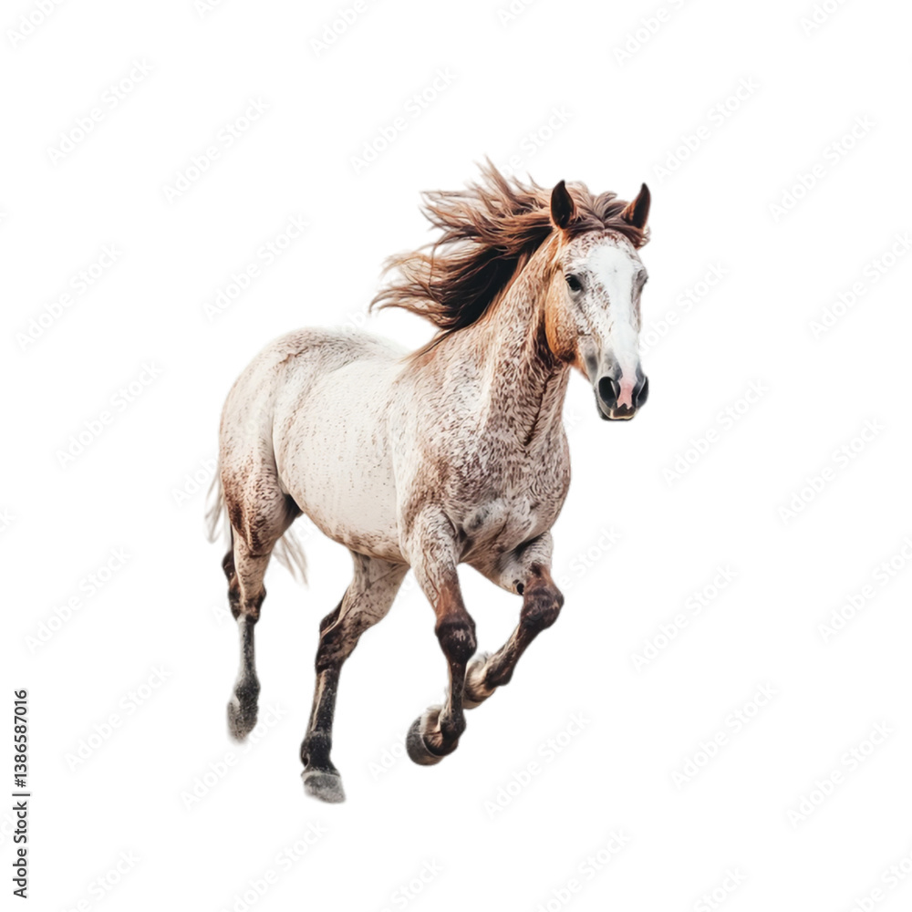Fototapeta premium Stunning appaloosa horse running free against wild mane tail fast speed on transparent background