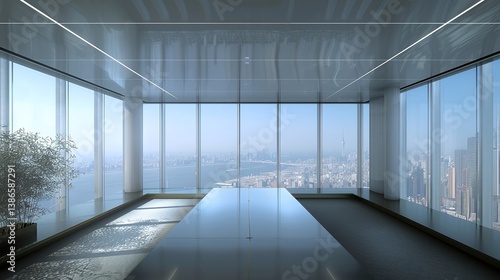 Modern office interior with panoramic city view, sleek design, and serene atmosphere for professionals