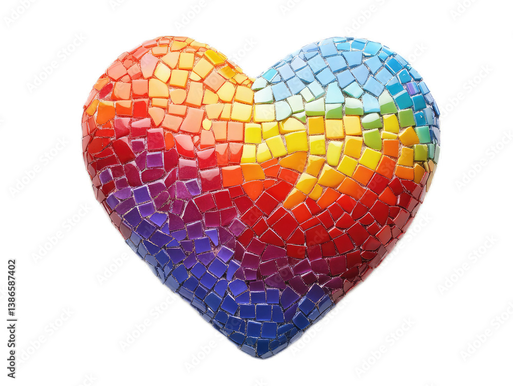 Mosaic heart made from tiny colored tiles in gradient pattern on white background