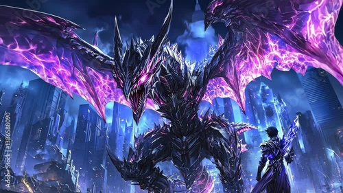 Dark dragon looming over a futuristic cityscape at twilight with a warrior preparing for battle