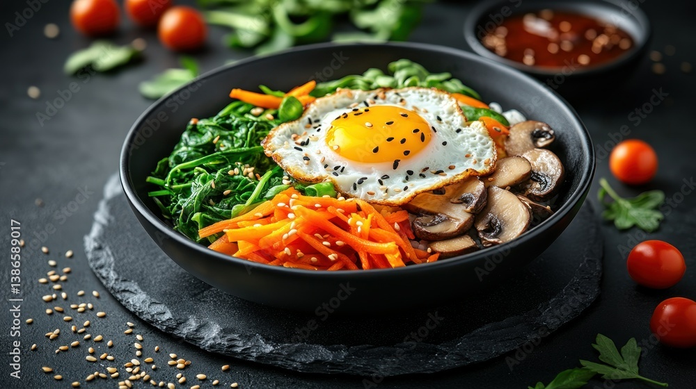 Vibrant bowl of Bibimbap with fried egg, vegetables and sauce Vibrant bowl of Bibimbap with fried egg, vegetables and sauce