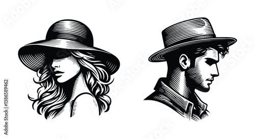 man and woman, in engraving style, isolated portraits girl, and guy in hat