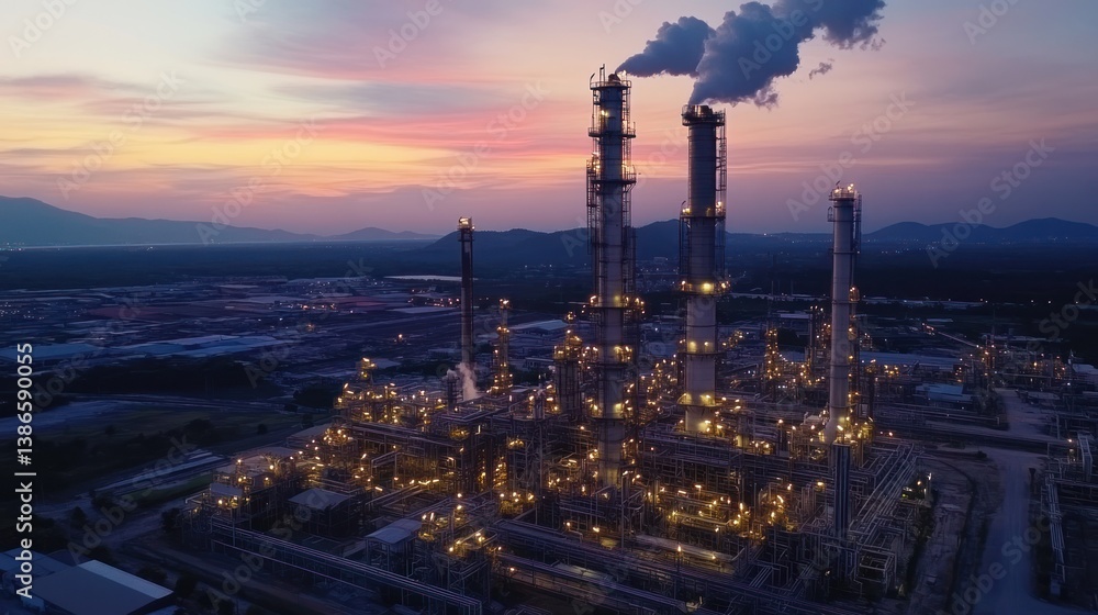 Fototapeta premium Industrial complex at twilight, illuminated at night