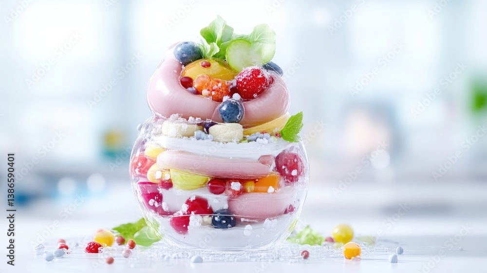 Obraz premium Colorful layered dessert with fresh fruits. A transparent glass bowl filled with various vibrant fruits, including berries, peaches, and cucumbers, stacked in a visually appealing arrangement.