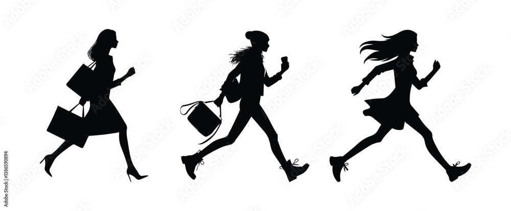 running hurrying girl, set of silhouettes woman run, city life, figures of people running hurrying girl, set of silhouettes woman run, city life, figures of people