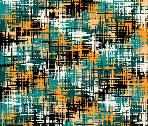 Abstract digital artwork featuring a chaotic grid of intersecting lines in vibrant orange, green, black, and beige. 