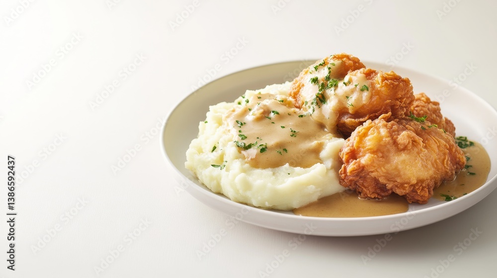A plate of crispy fried chicken with mashed potatoes and gravy. Featuring satisfaction and indulgence A plate of crispy fried chicken with mashed potatoes and gravy. Featuring satisfaction and indulgence