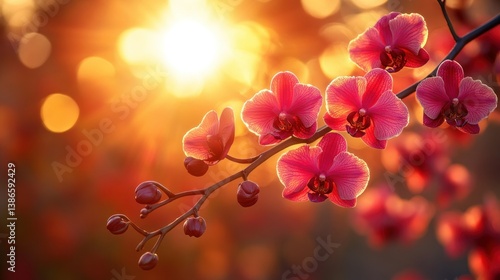 Vibrant pink orchids bathed in golden sunset light