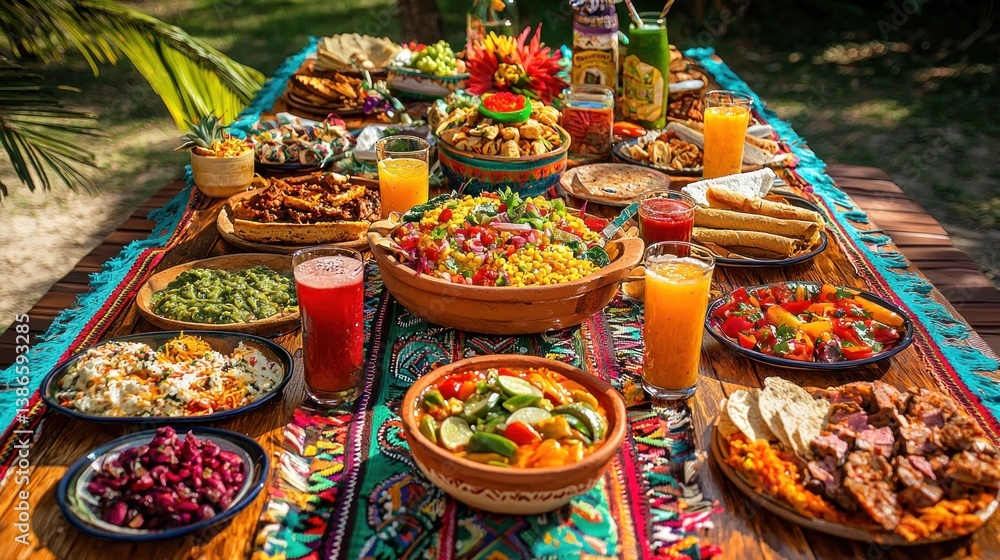Fototapeta premium Vibrant Outdoor Feast with Colorful Dishes and Refreshing Drinks