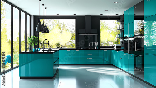 Modern Kitchen Design: The stylish teal-colored kitchen with sleek cabinets and modern appliances. natural light floods into the space through large windows, creating a bright and inviting atmosphere.