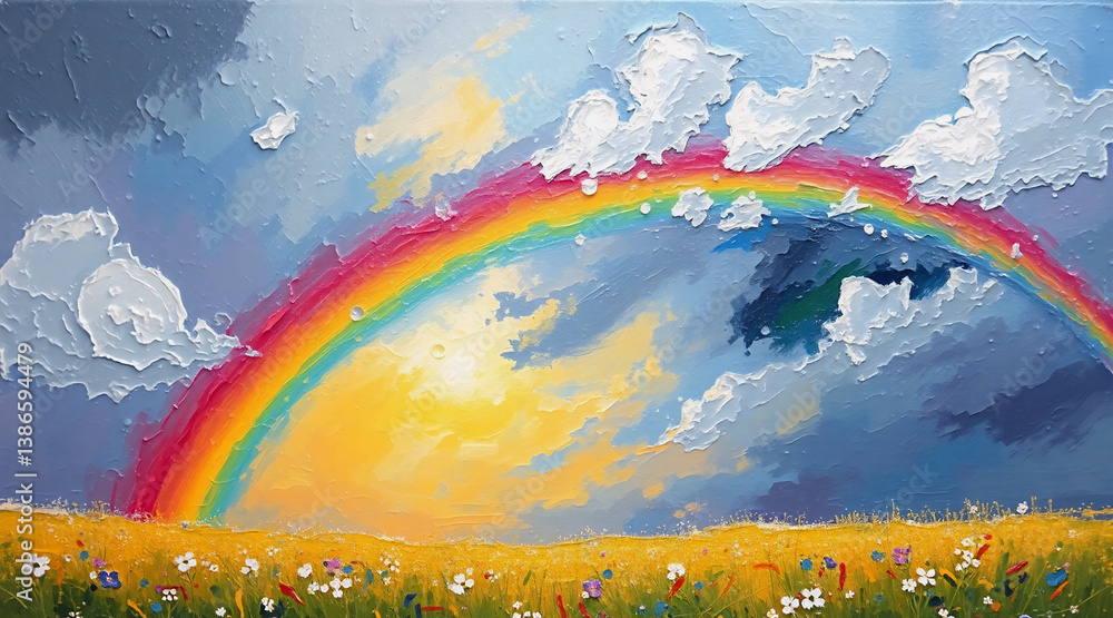 Naklejka premium Rainbow arches across a blue sky with white and dark clouds. Yellow flower field below. Bright, cheerful landscape painting.