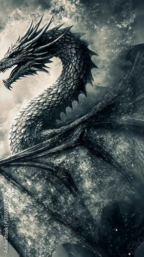 Majestic dragon soaring through stormy clouds, showcasing fierce power and ancient strength at dusk