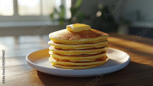 Stack of pancakes with a pat of butter melting cente