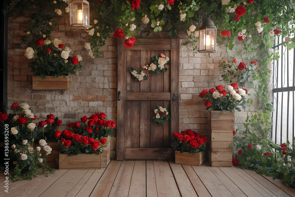 Fototapeta premium Serene Garden Entrance: A charming wooden door stands at the heart of a lush, flower-draped entrance, with a cozy porch area filled with vibrant rose blooms and soft lantern lighting