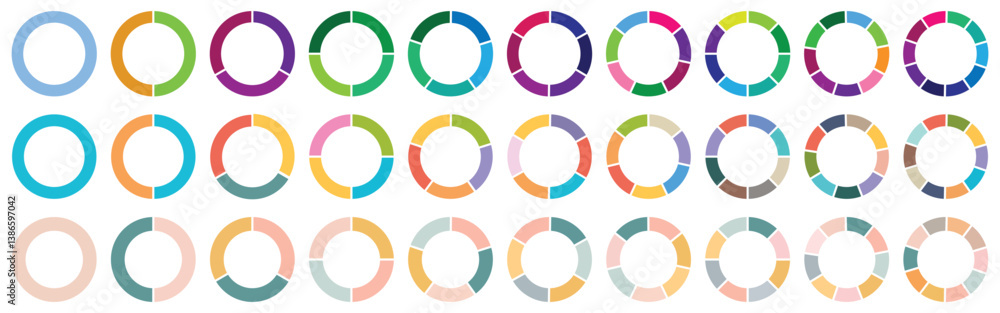 Pie chart set, segmented circle icons, circle diagram. Pie chart divided 1,2,3,4,5,6,7,8,9,10, equal parts. Infographic wheel segment or sections parts. Vector-eps 10 Pie chart set, segmented circle icons, circle diagram. Pie chart divided 1,2,3,4,5,6,7,8,9,10, equal parts. Infographic wheel segment or sections parts. Vector-eps 10