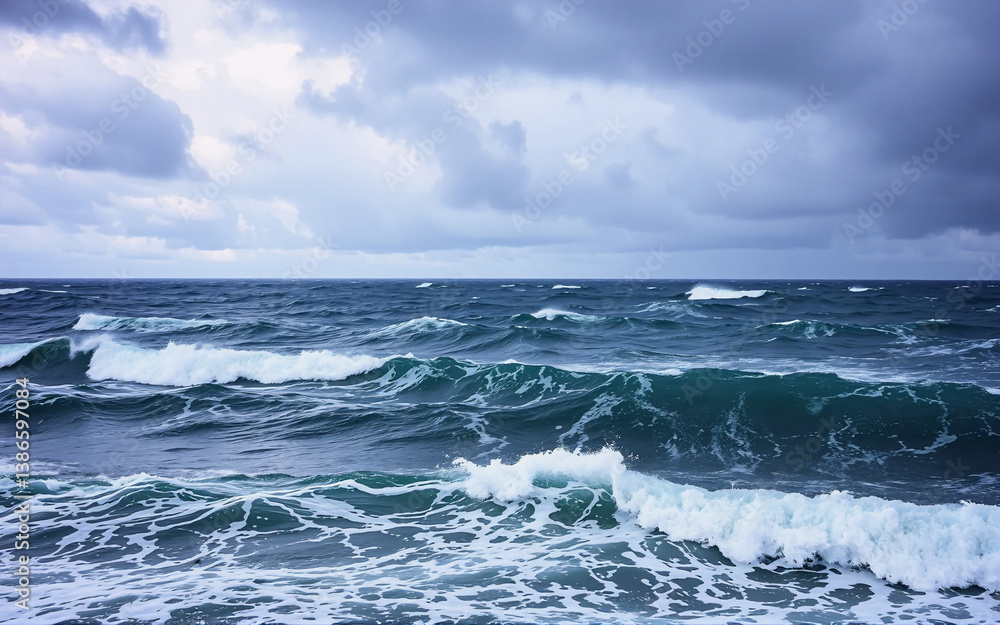 Fototapeta premium Turbulent sea with rolling waves crashing under a cloudy sky. Deep blue water contrasts with white foam and grey clouds creating a dramatic ocean scene.
