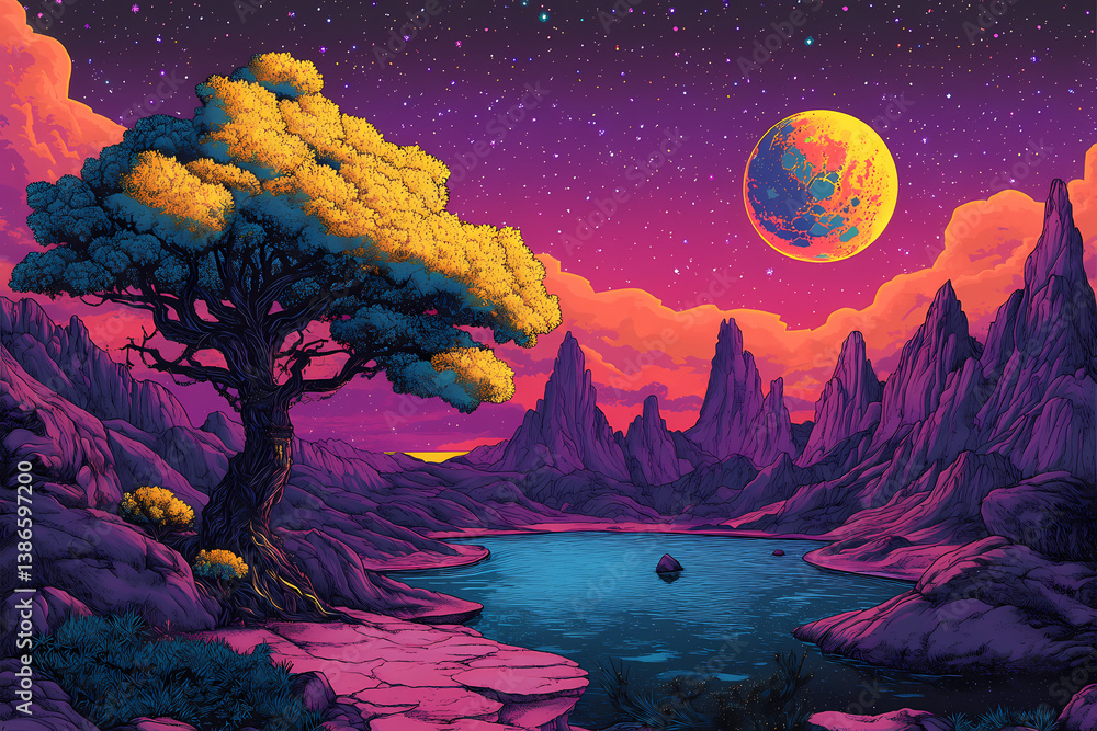 Fototapeta premium Enchanting Nebula Landscape: A mesmerizing digital painting presents a dreamscape of vibrant cosmic wonder, showcasing a luminous tree, majestic mountains, and a celestial moon in a surreal.