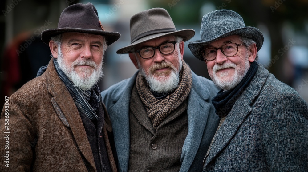 Close-up photo of three older men with gray beards wearing vintage hats and coats, smiling warmly in a rustic, nostalgic setting. Close-up photo of three older men with gray beards wearing vintage hats and coats, smiling warmly in a rustic, nostalgic setting.