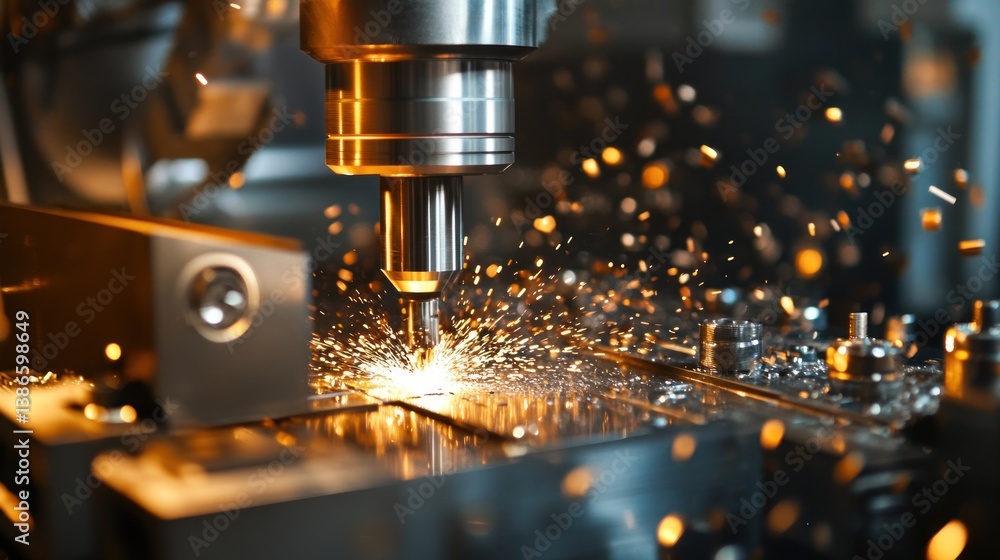 High-speed metal cutting machine in action. Sparks fly from precision machining process High-speed metal cutting machine in action. Sparks fly from precision machining process