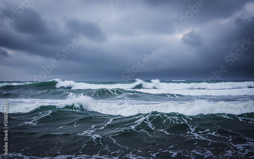 Dark ocean waves crash under a dramatic, stormy sky.  Turbulent water is whipped into whitecaps, contrasting with the ominous, dark cloudscape above the horizon. Nature's power is on full display.