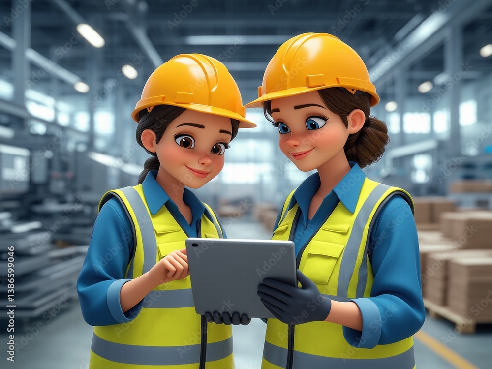 Construction workers browse tablet on warehouse site overviewing production data indoors Construction workers browse tablet on warehouse site overviewing production data indoors