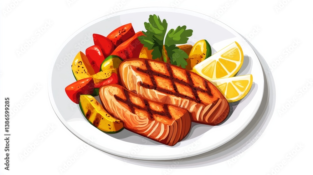 A plate of grilled salmon with roasted vegetables and lemon wedges. Featuring healthy meals A plate of grilled salmon with roasted vegetables and lemon wedges. Featuring healthy meals
