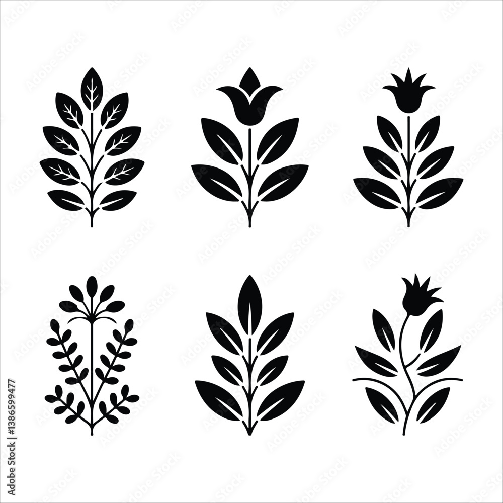 Set of Black Botanical Herb Silhouettes Vector Leaf and Plant Icons Set of Black Botanical Herb Silhouettes Vector Leaf and Plant Icons