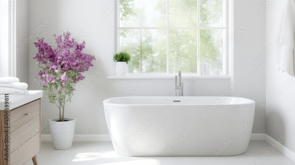 Fototapeta premium Modern, bright bathroom with soaking tub