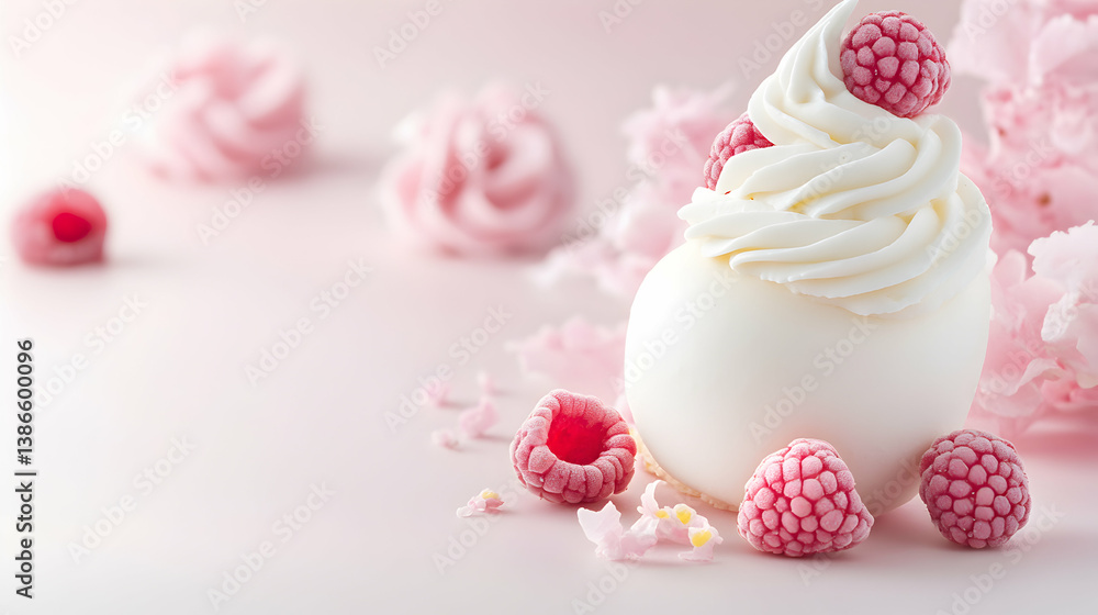 White Chocolate Raspberry Dessert Sphere with Whipped Cream on Pink Background White Chocolate Raspberry Dessert Sphere with Whipped Cream on Pink Background