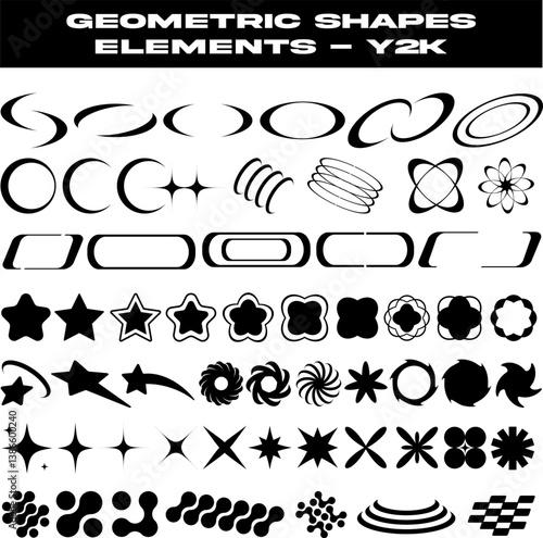 Y2K Geometric Shapes Vector Set – A collection of bold abstract elements including stars, sparkles, swirls, and retro tech shapes for modern and nostalgic design projects.