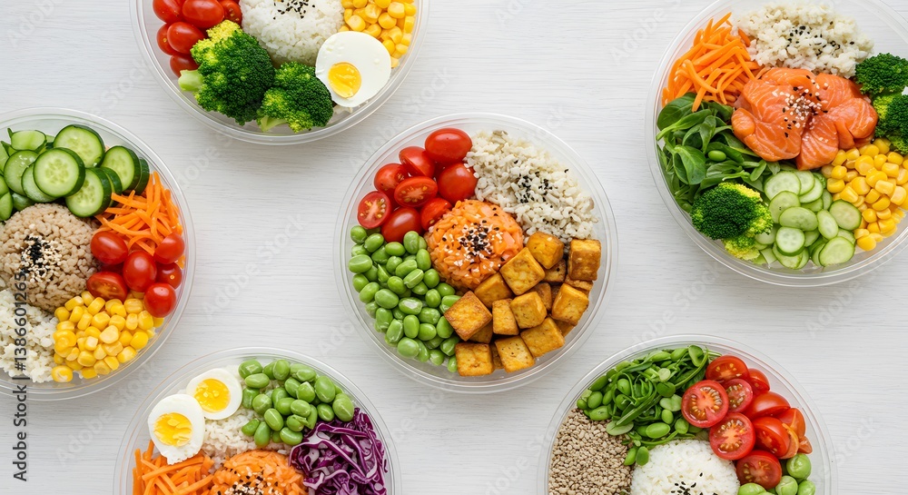 Variety of Healthy Takeaway Bowl with Fresh Vegetables and Protein Options Variety of Healthy Takeaway Bowl with Fresh Vegetables and Protein Options