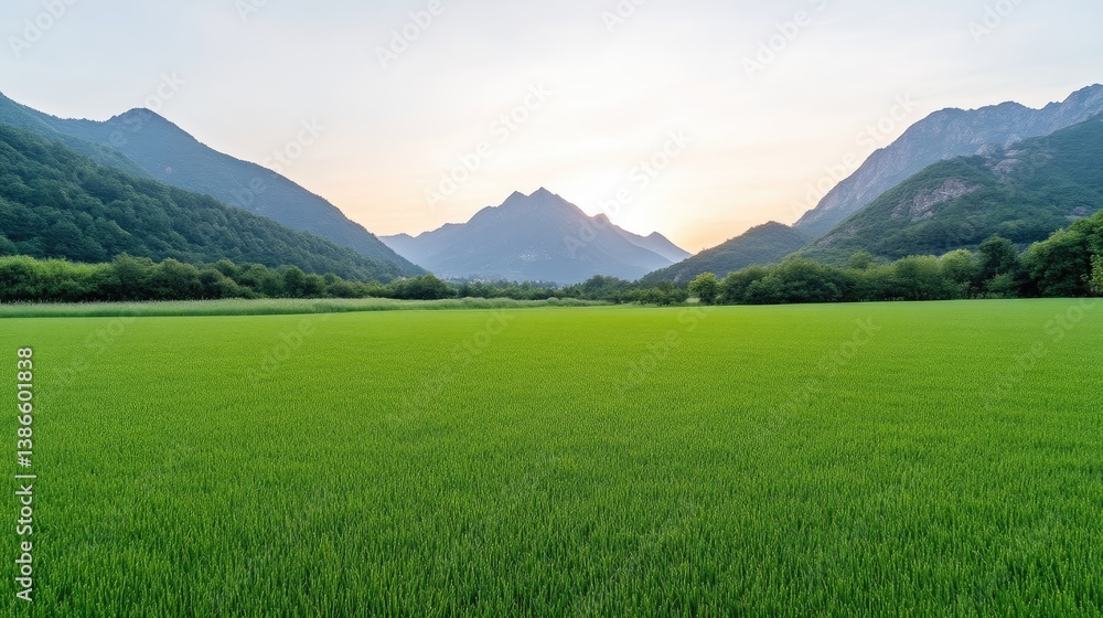 Fototapeta premium A vast, verdant rice paddy stretches to the base of majestic mountains. The composition features a foreground of vibrant green rice, leading the eye to a tranquil valley and distant, imposing peaks.