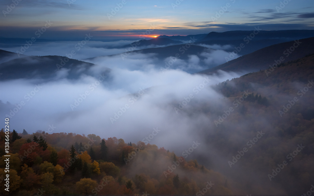 Obraz premium Misty mountain landscape at sunset. Fog blankets valleys and autumn trees on hillsides. Golden light streaks across the horizon creating a serene scenic view.