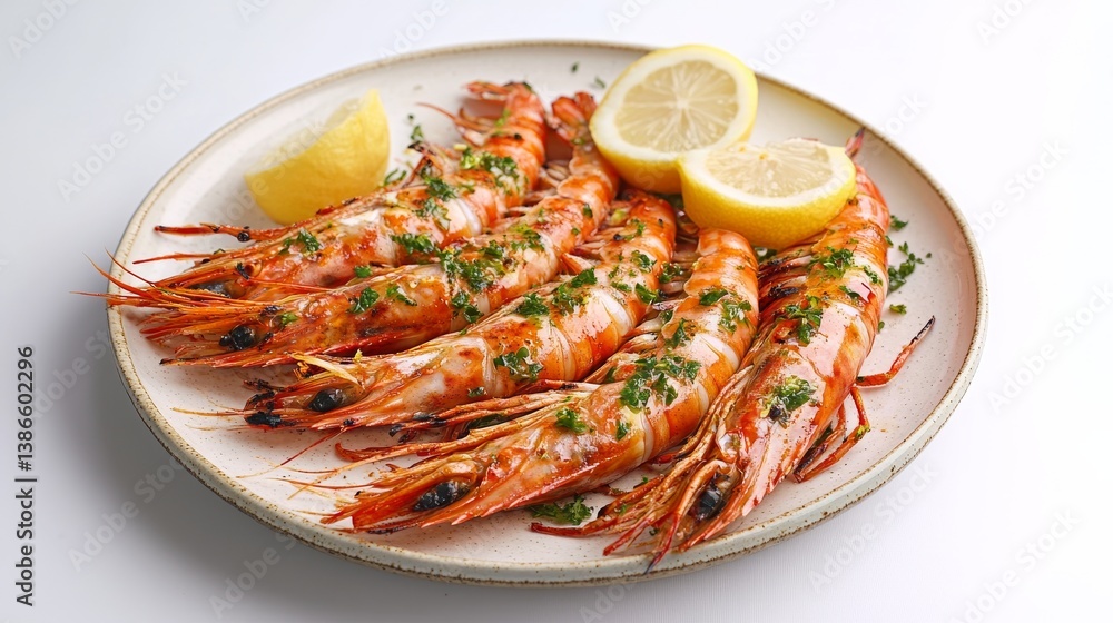 A plate of sizzling grilled shrimp with garlic butter, lemon, and herbs. Featuring flavor and indulgence A plate of sizzling grilled shrimp with garlic butter, lemon, and herbs. Featuring flavor and indulgence