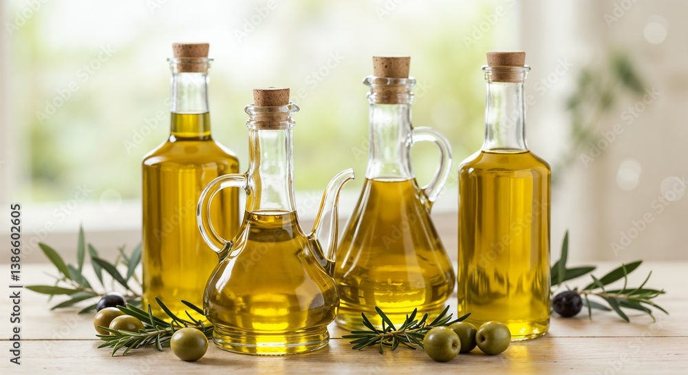 Olive oil bottles with fresh olives and greenery on wooden table Olive oil bottles with fresh olives and greenery on wooden table