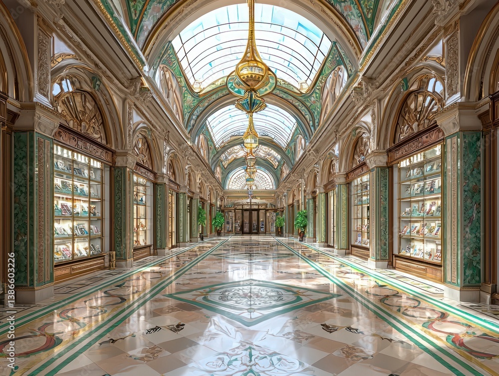 Fototapeta premium Elegant Boutique Interior with Exquisite Displays and Luxurious Architectural Details in a Spacious Hallway