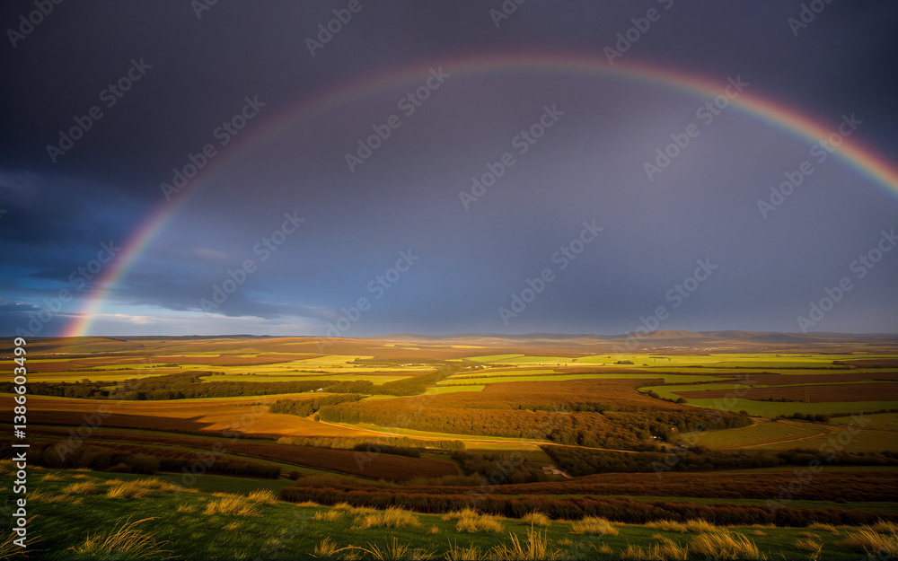 Fototapeta premium A vibrant rainbow stretches across a dramatic sky, illuminating a vast landscape. Rolling fields and distant trees are visible beneath the colorful arc and dark, moody clouds.