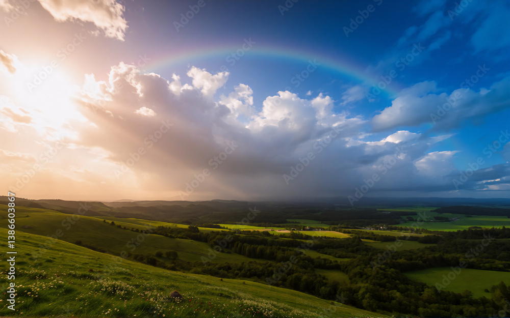 Fototapeta premium Rainbow arcs over green hills. Sun breaks through clouds in a partly cloudy sky. Beautiful landscape view.