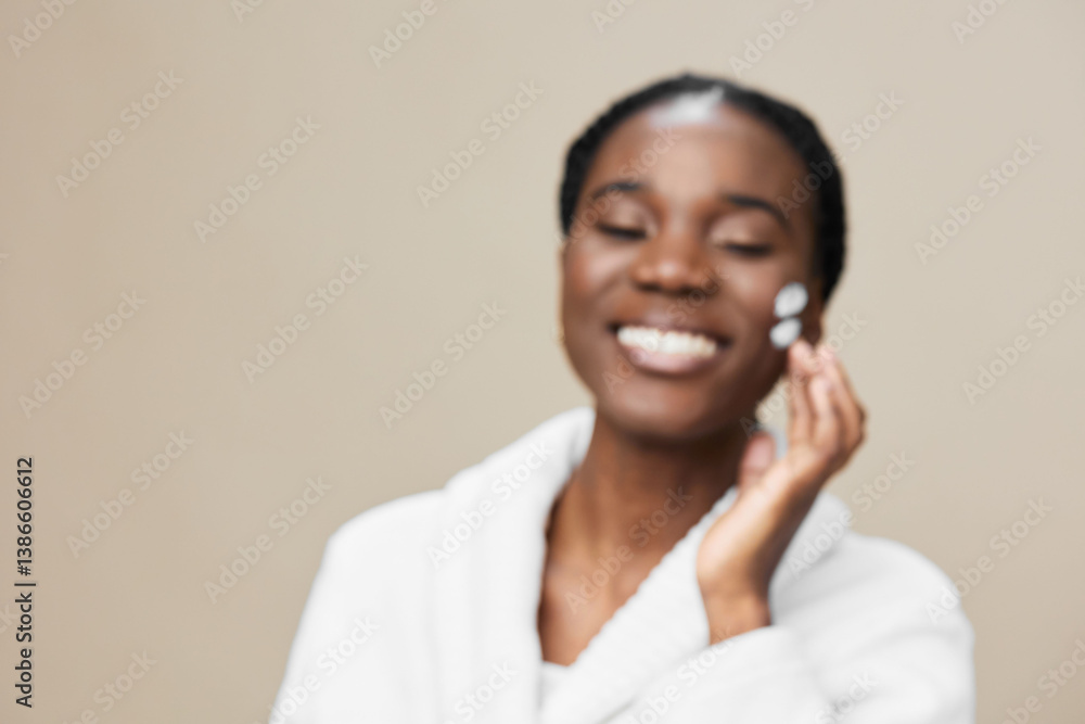 Smiling Black woman applying skincare cream in a cozy spa setting, promoting self care and wellness with a neutral background and soft lighting Smiling Black woman applying skincare cream in a cozy spa setting, promoting self care and wellness with a neutral background and soft lighting