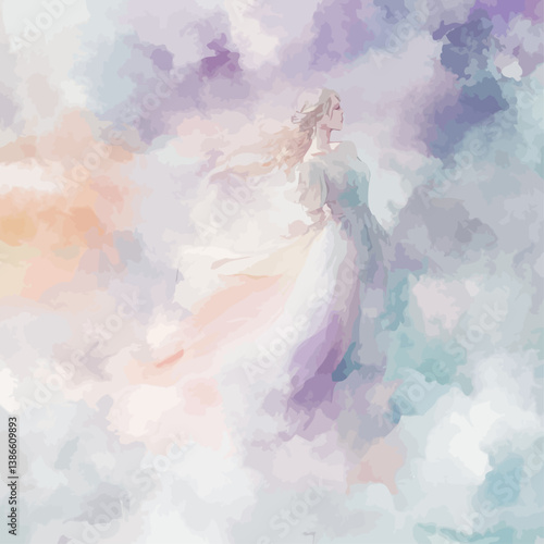 Ethereal Woman Floating Amidst Watercolor Clouds