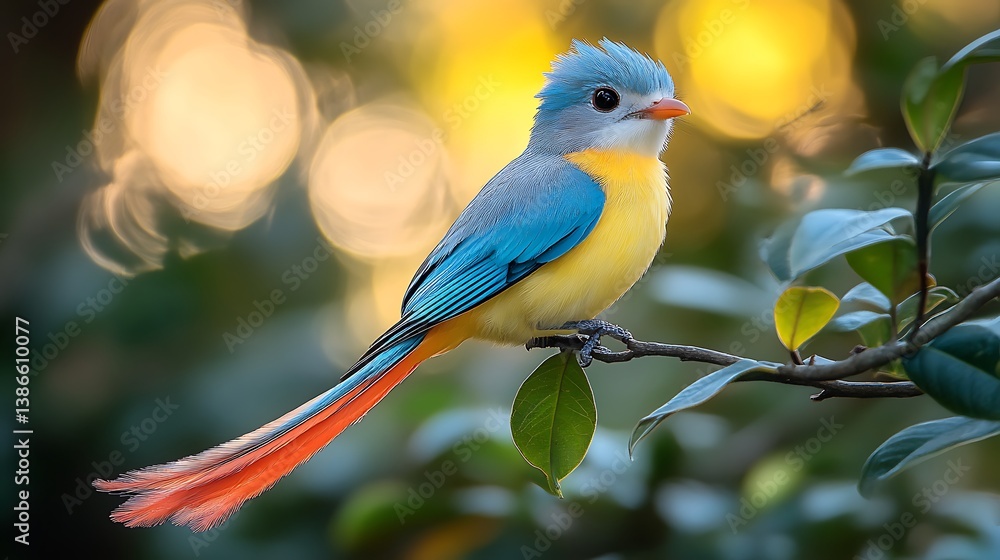 Obraz premium Vibrant Tropical Bird with Flowing Tail Perched on Leafy Branch in Soft Glowing Background