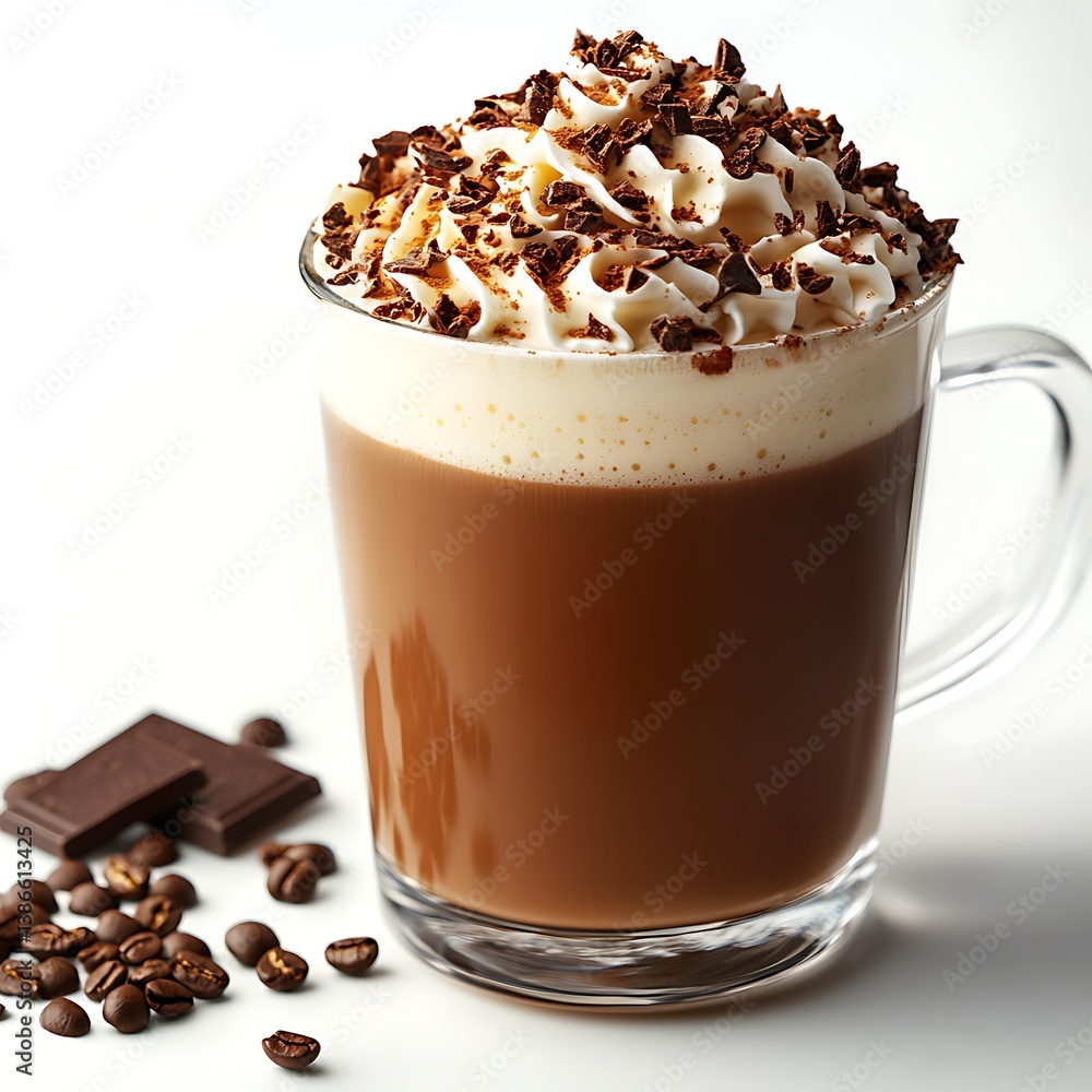 Freshly Made Mocha in Transparent Glass Mug with Whipped Cream and Chocolate Sprinkles Freshly Made Mocha in Transparent Glass Mug with Whipped Cream and Chocolate Sprinkles