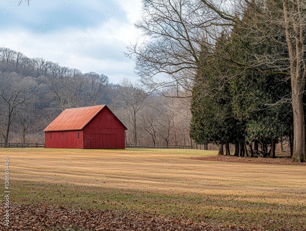 Serene Red Farmhouse Surrounded by Leafless Trees in Open Field Under a Cloudy Sky Serene Red Farmhouse Surrounded by Leafless Trees in Open Field Under a Cloudy Sky