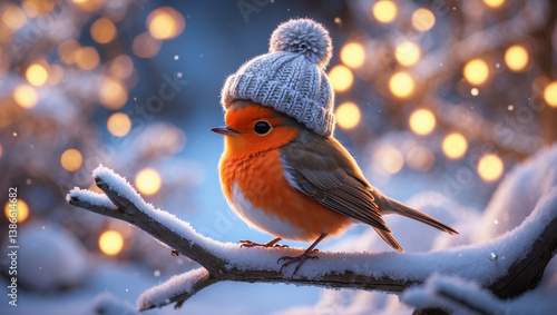 Cute Baby Robin Wearing Knitted Hat in Snowy Garden