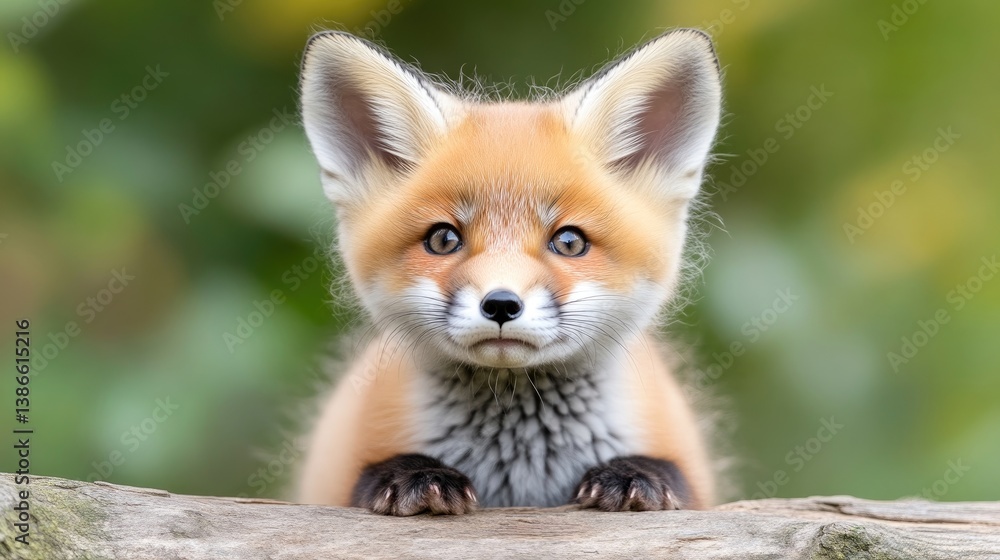 Obraz premium A cute red fox kit is the focus, its large eyes and fluffy fur captivating. It rests on a log, set against a softly blurred green background. The image is high quality, with natural lighting, showca