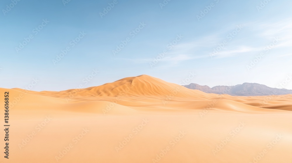 A vast desert landscape features gently rolling sand dunes under a clear, pale blue sky. A prominent dune rises in the mid-ground. The image is high-resolution, showcasing fine details in the sands A vast desert landscape features gently rolling sand dunes under a clear, pale blue sky. A prominent dune rises in the mid-ground. The image is high-resolution, showcasing fine details in the sands